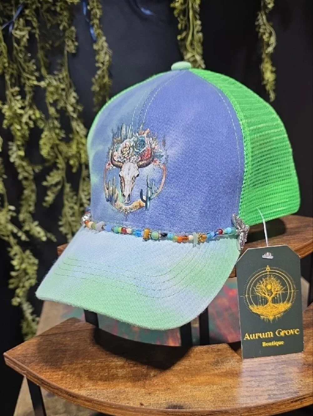 Aurum Grove Green & Blue Beaded Trucker Hat
